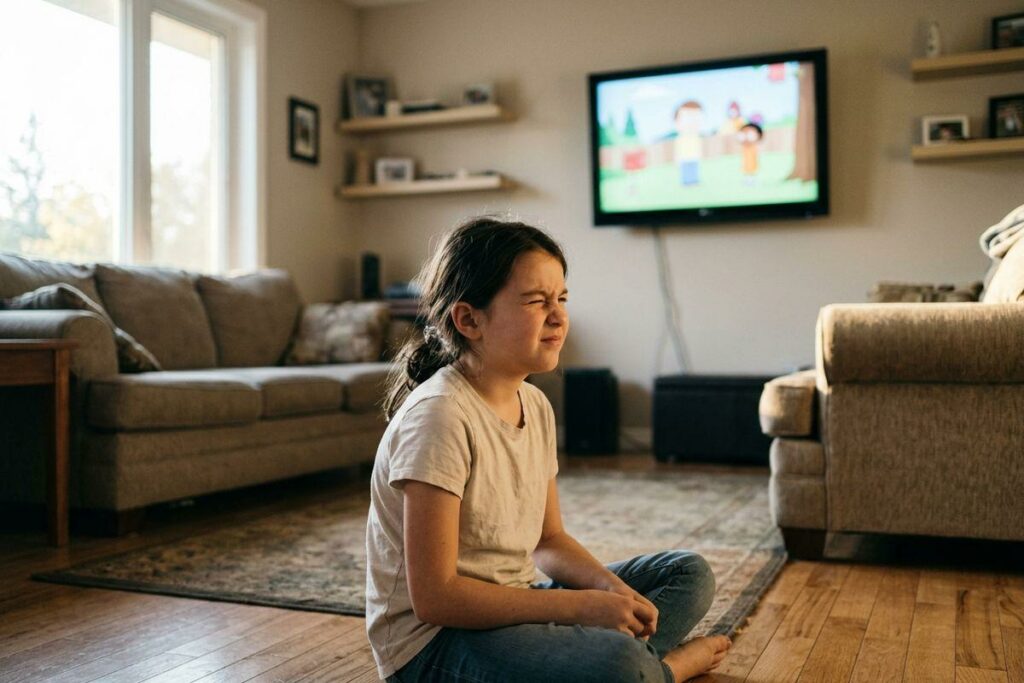 A child sitting cross-legged on a living room floor, squinting with one eye closed, a wall-mounted TV showing a cartoon in the background.