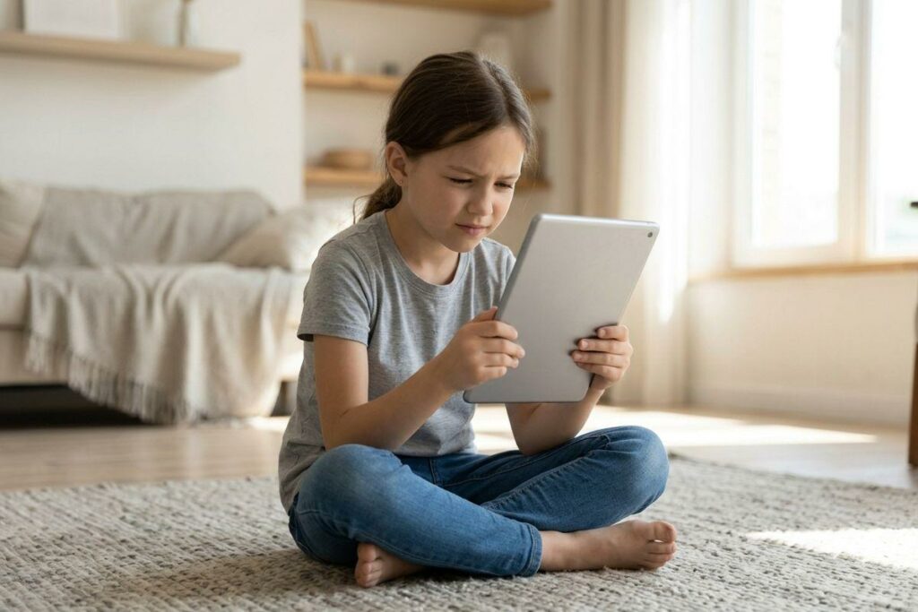 A child sitting cross-legged on a rug at home, holding a tablet close and squinting at the screen.
