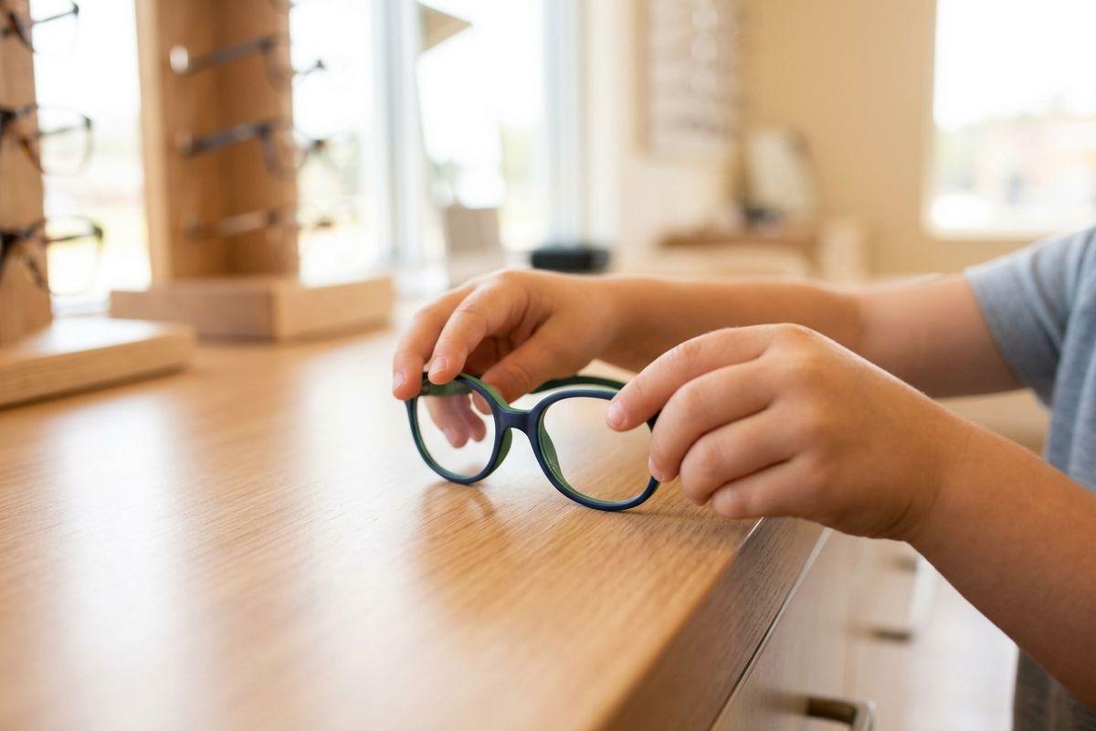 A child's hands holding blue and green eyeglass frames on a wooden counter, with eyewear display racks in the background.