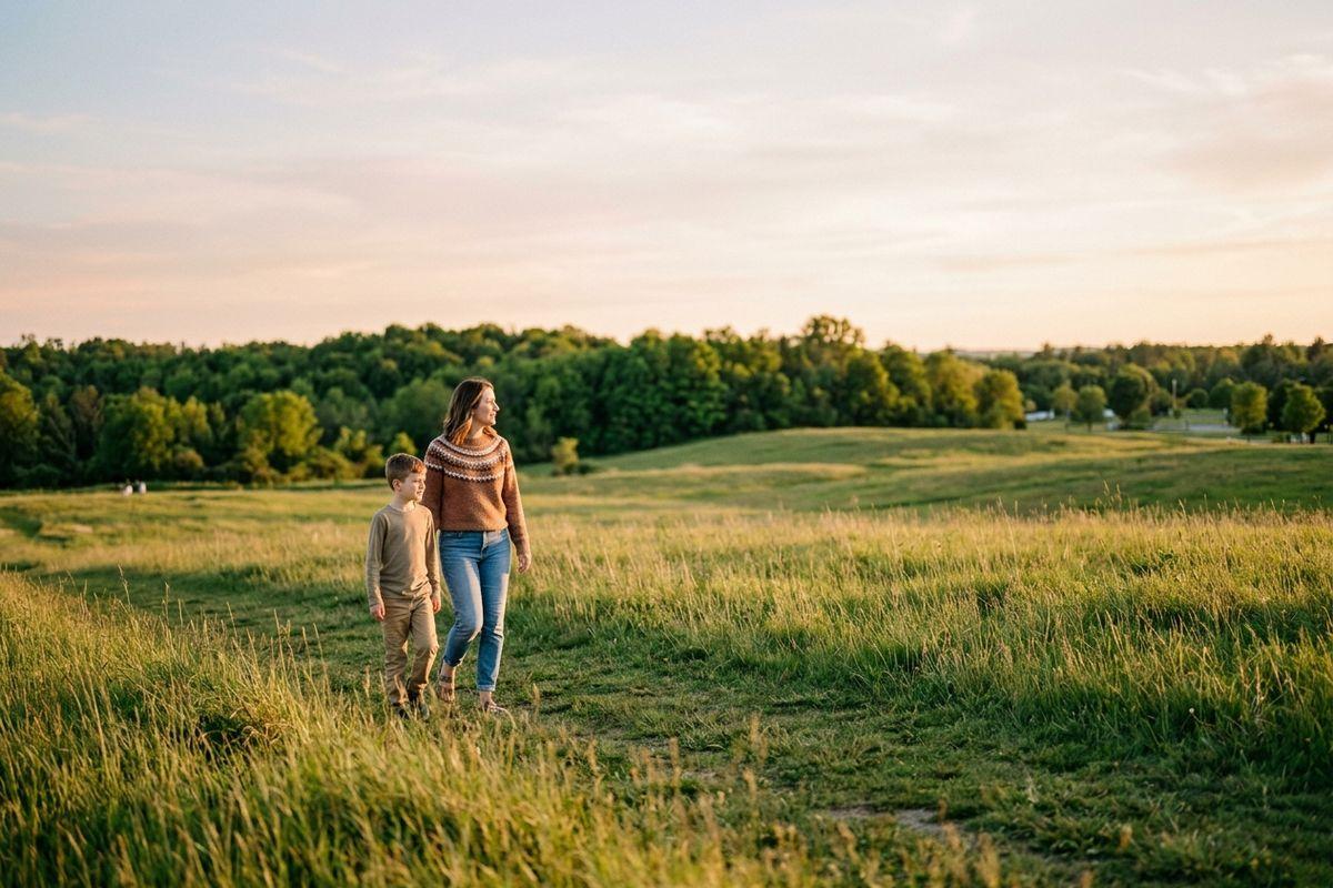An adult and their child walking together on a grassy path through an open field, with trees and a pale sky at sunset behind them.