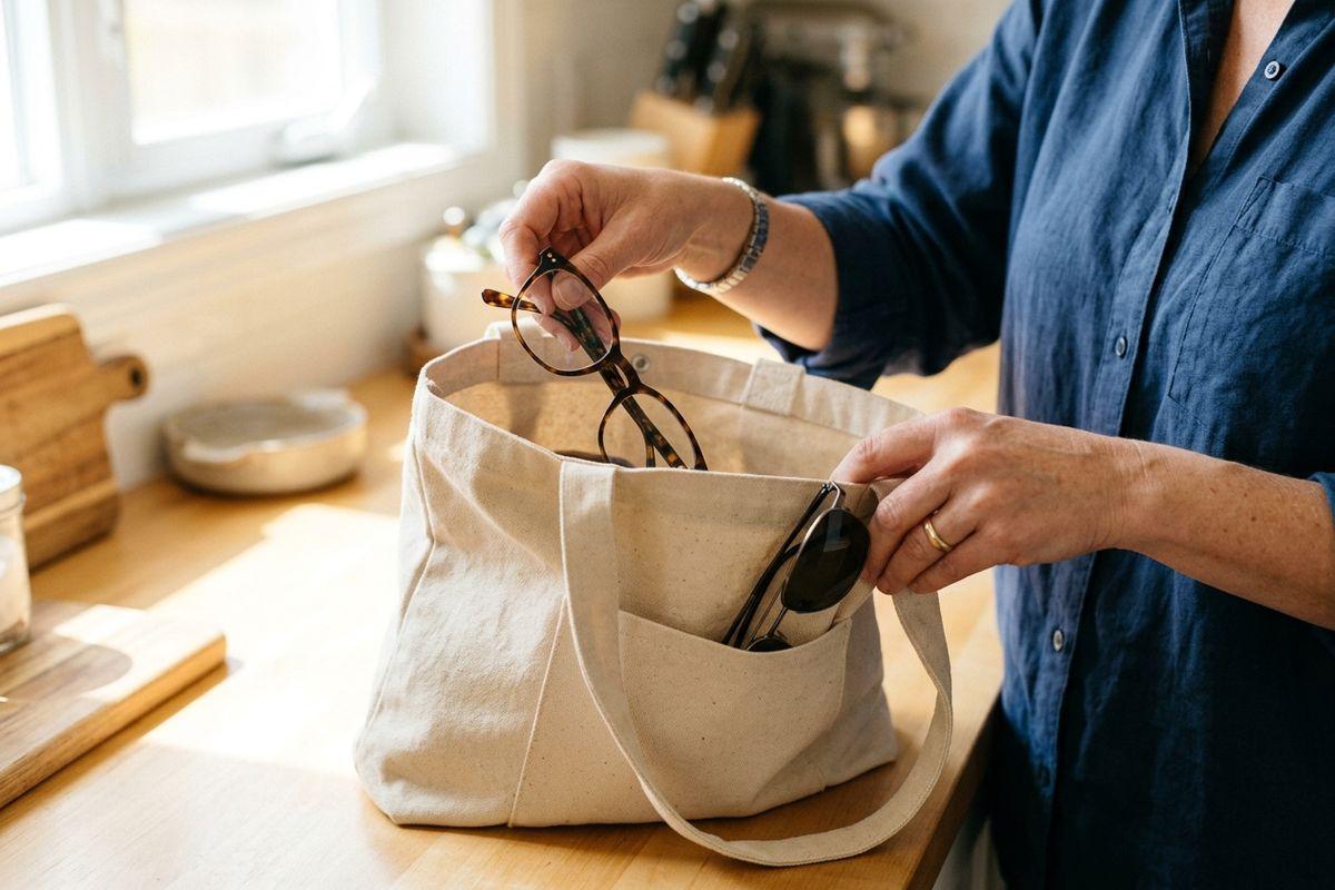 A person in blue shirt placing tortoiseshell glasses into a canvas tote bag on a kitchen counter, sunglasses tucked in the outer pocket.