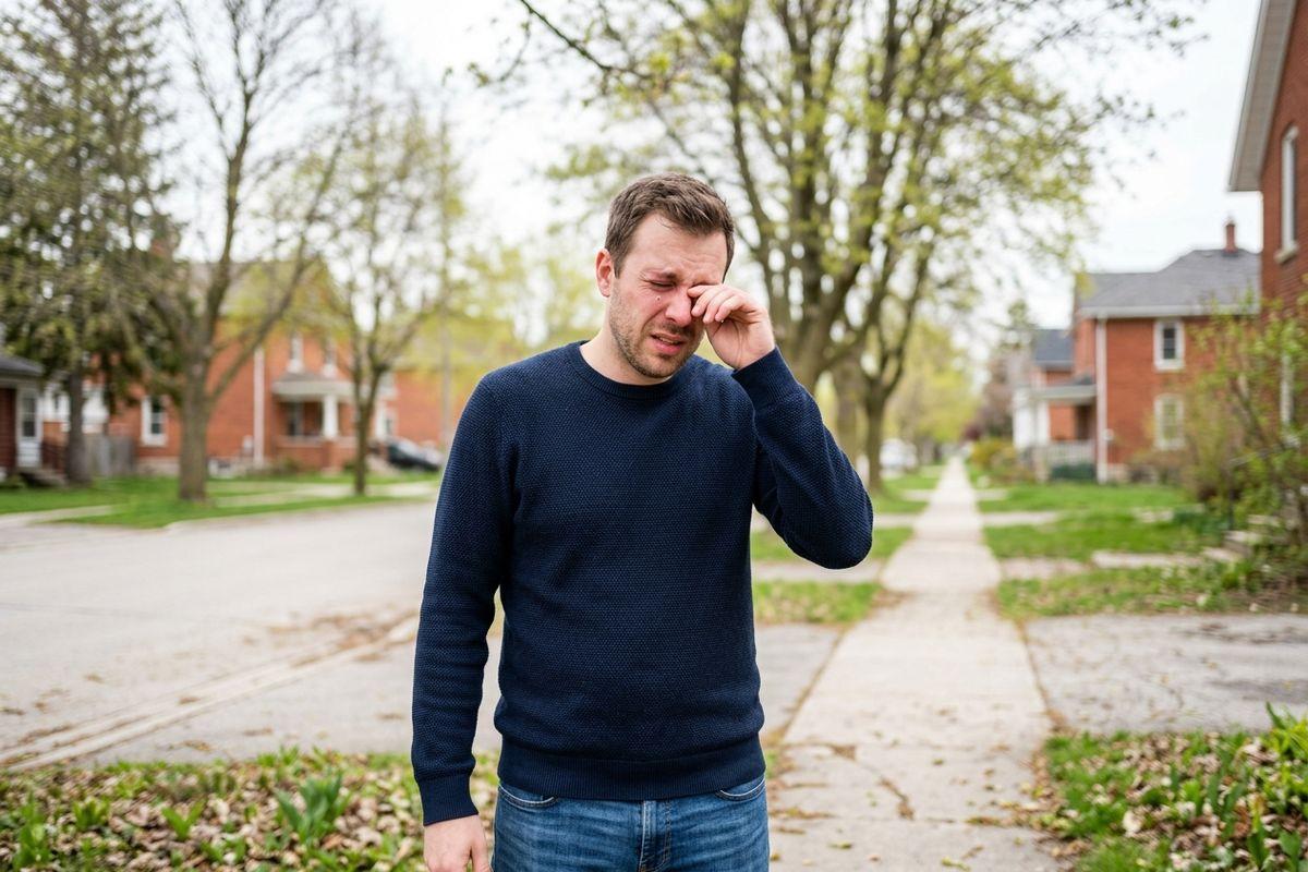An adult in a navy sweater rubbing one eye with a hand while standing on a residential sidewalk lined with trees and houses.