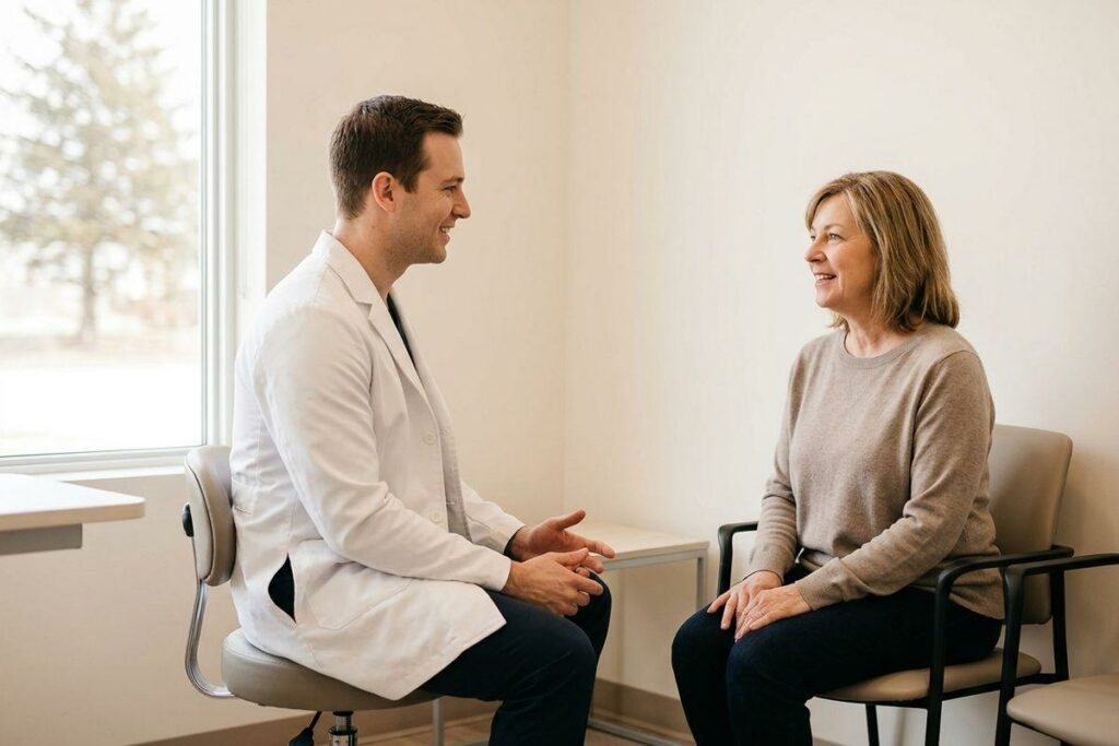 An eye doctor in a white lab coat sits on a stool talking with a smiling patient seated in a chair in a bright exam room.